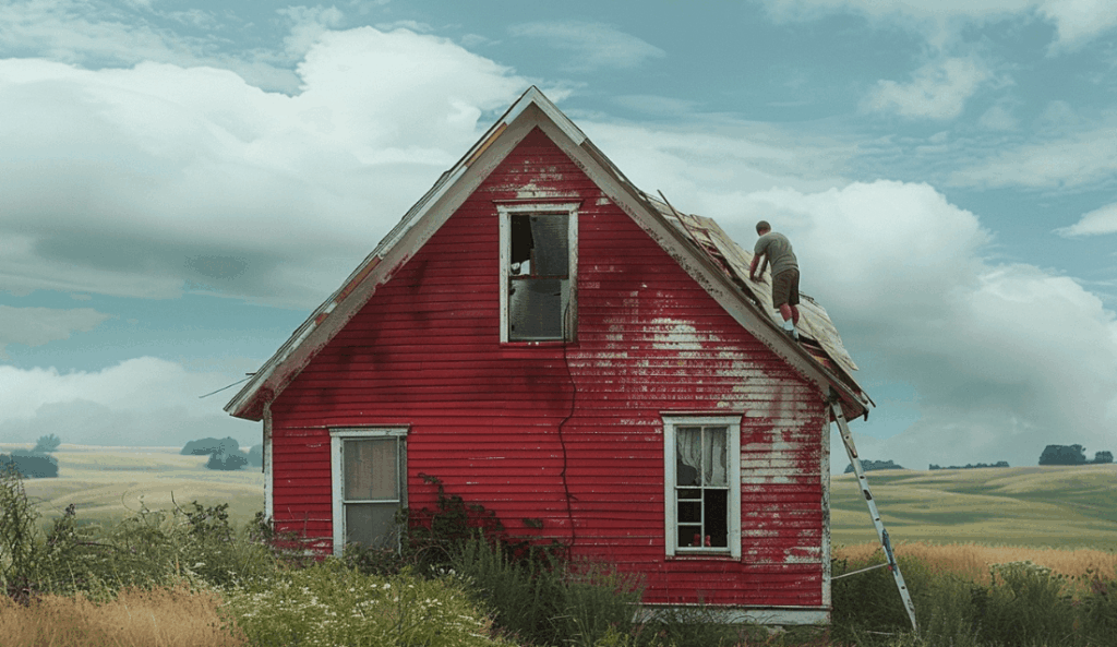 A man trying to fix the exterior of a house in poor condition