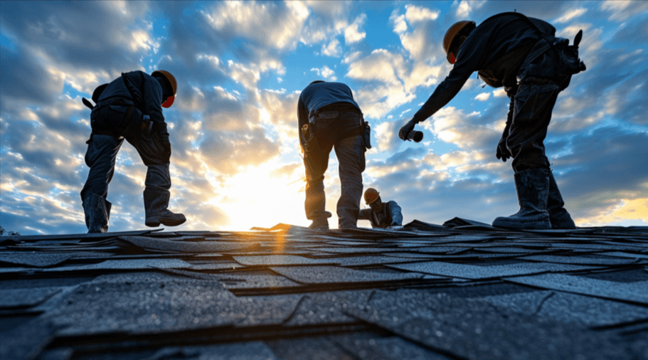 Roofers replacing a shingle roof